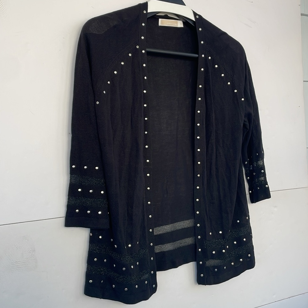Christina Open Black Cardigan with Silver Stud Accents Sheer Cuffs and Hem Small